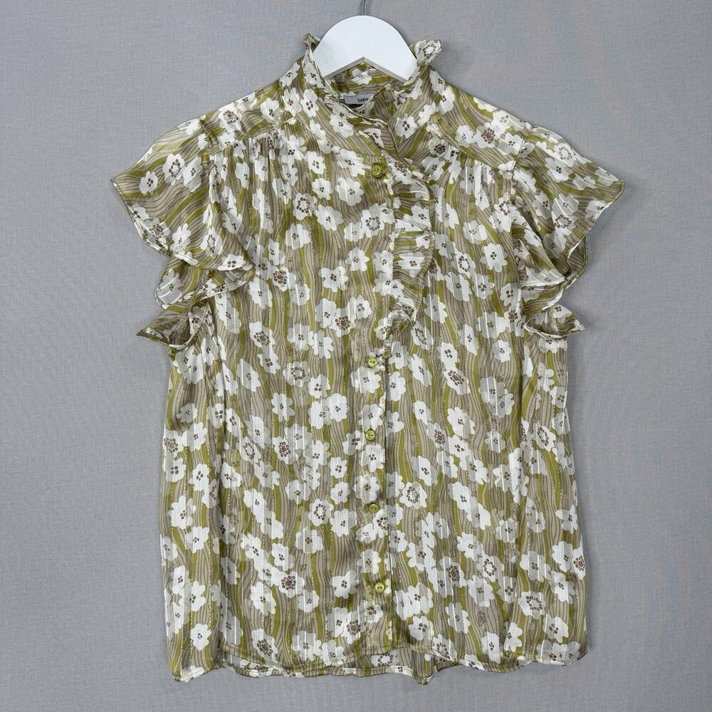 Sabina Musayev Womens Top XS Green Anais Floral Ruffle Collar Blouse Metallic